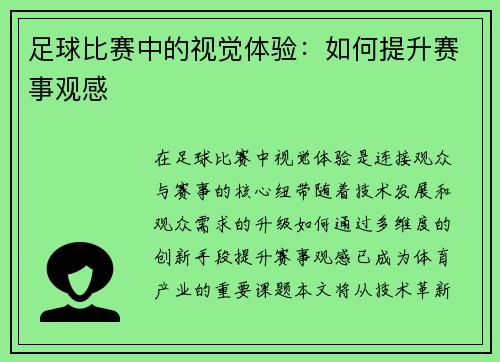 足球比赛中的视觉体验：如何提升赛事观感