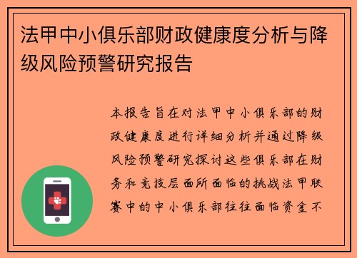 法甲中小俱乐部财政健康度分析与降级风险预警研究报告