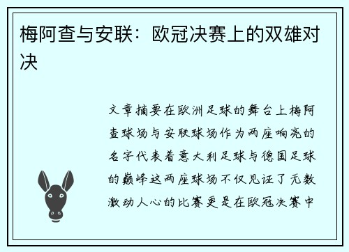 梅阿查与安联：欧冠决赛上的双雄对决