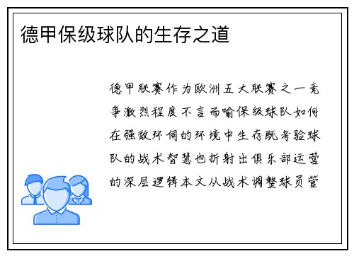 德甲保级球队的生存之道